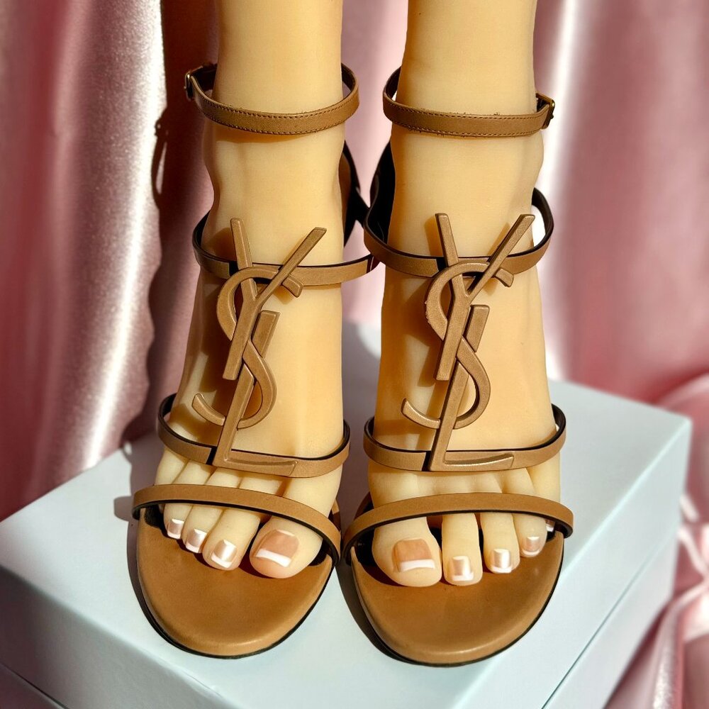 Saint Laurent Gold Brown Cassandra Monogram Strappy Leather Stiletto High Heels